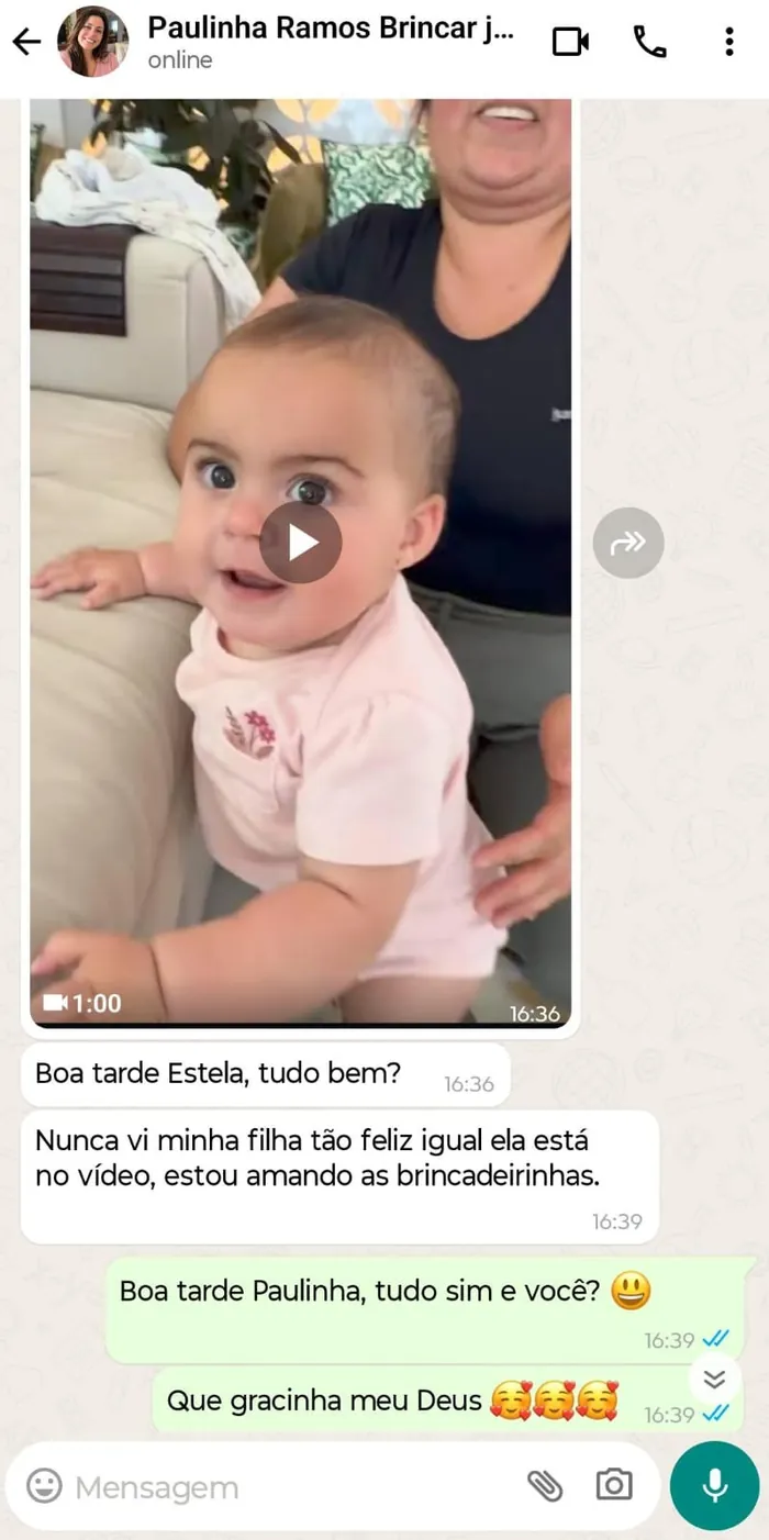Conversa no WhatsApp em que a mãe conta que nunca viu a filha tão feliz com as brincadeiras