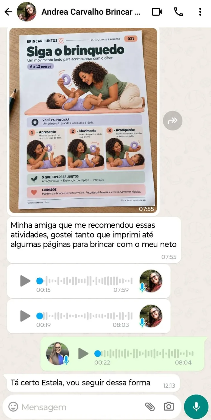 Conversa no WhatsApp em que a avó conta que imprimiu páginas do material para brincar com o neto